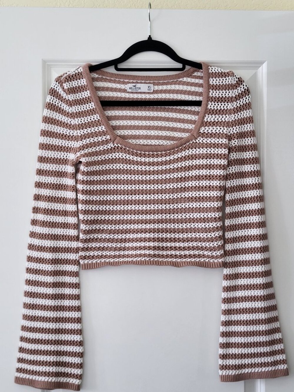 Y2K Style Hollister Crochet Bell Sleeve Square Neck Sweater Tan/White Size XS
